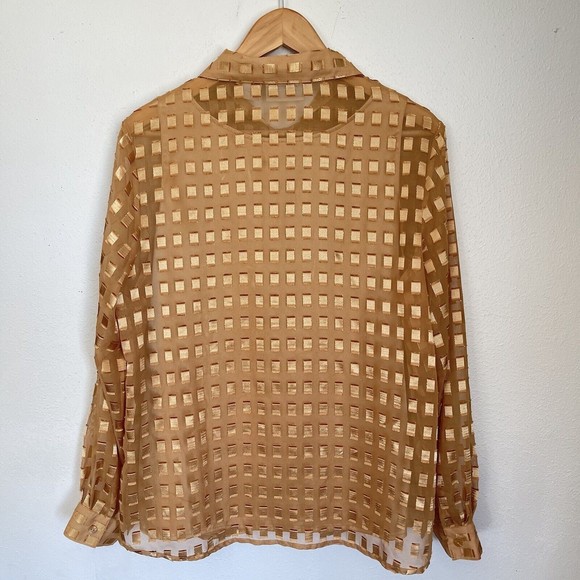 Basic Editions Sheer Jacquard Collared Button Up Gold Holiday Top Shirt Womens L - Picture 7 of 9